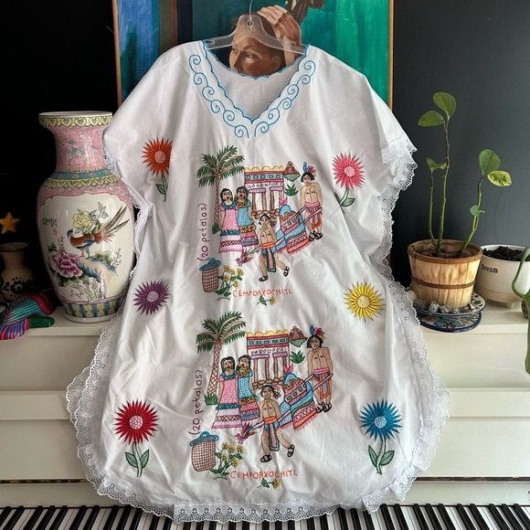 Vintage Mexican Day Of The Dead Maxi Dress with Colorful Embroidery Free Size - Picture 2 of 15